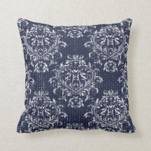 Distressed Damask Kastkudde - Marinblå