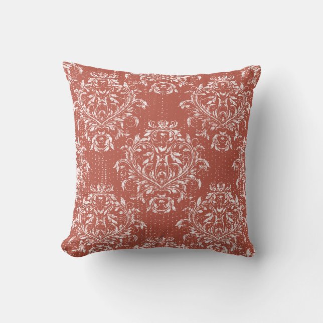 Distressed Damask Kastkudde - Muted Korallröd Kudde (Framsida)