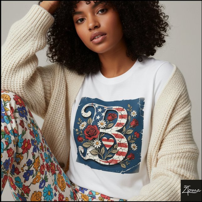 Distressed Flag Letter B Floral Monogram T Shirt (Sample design. Several style are available to choose from, with the option to add a name & color.
)