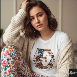Distressed Flag Letter E Floral Wreath T Shirt