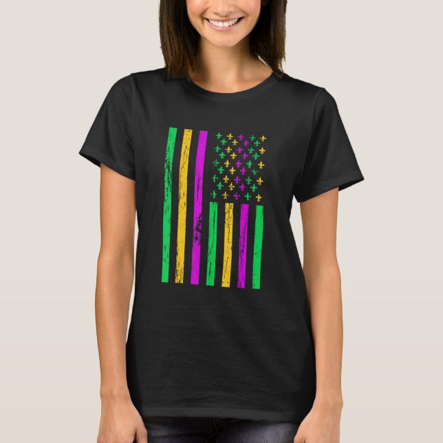 Distressed Mardi Gras American US Flag Carnival Fe T Shirt (Framsida)