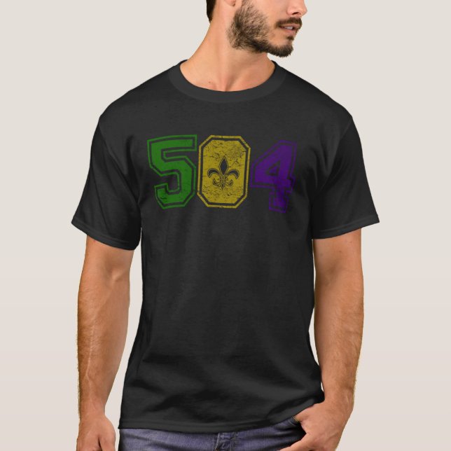 Distressed Mardi Gras Retro Fleur De Lis NOLA 504 T Shirt (Framsida)