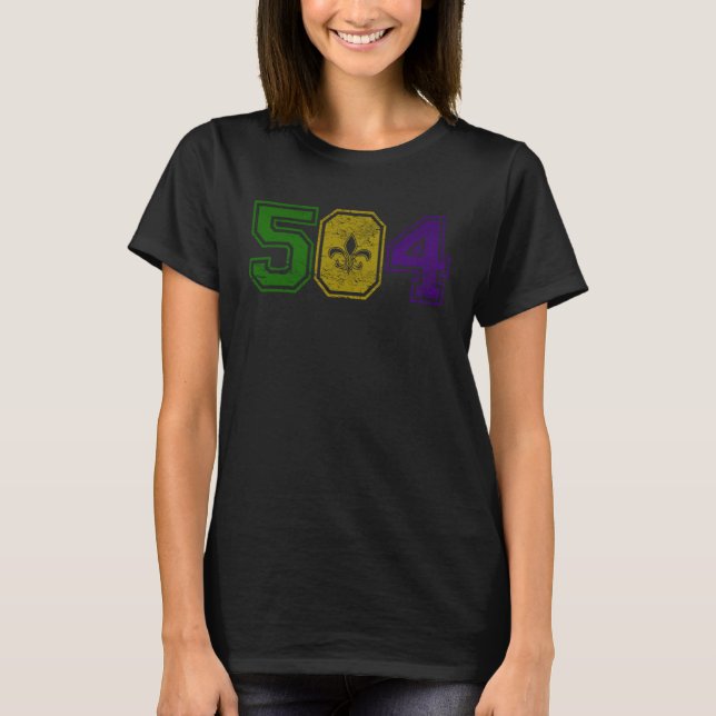Distressed Mardi Gras Retro Fleur De Lis NOLA 504 T Shirt (Framsida)