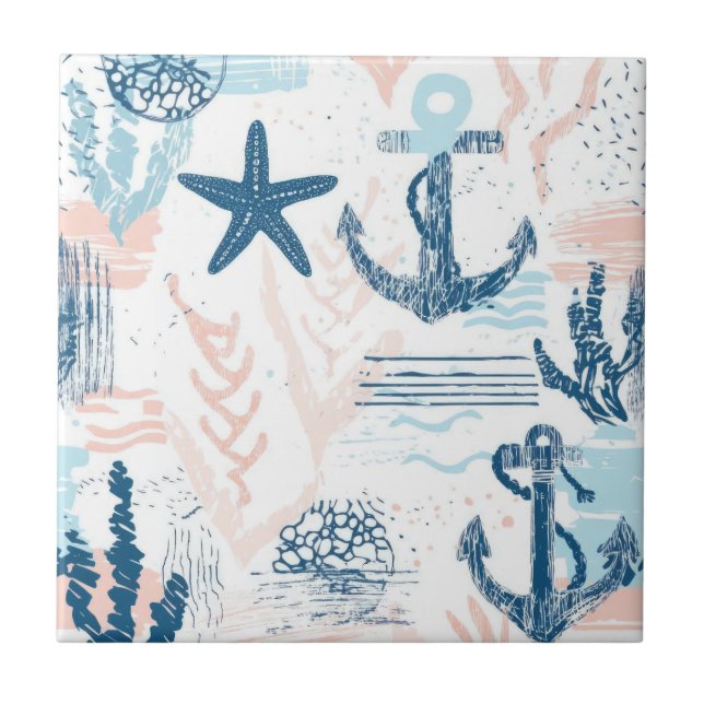 Distressed Nautical Anchor Starfish Blue Coastal Kakelplatta (Framsidan)