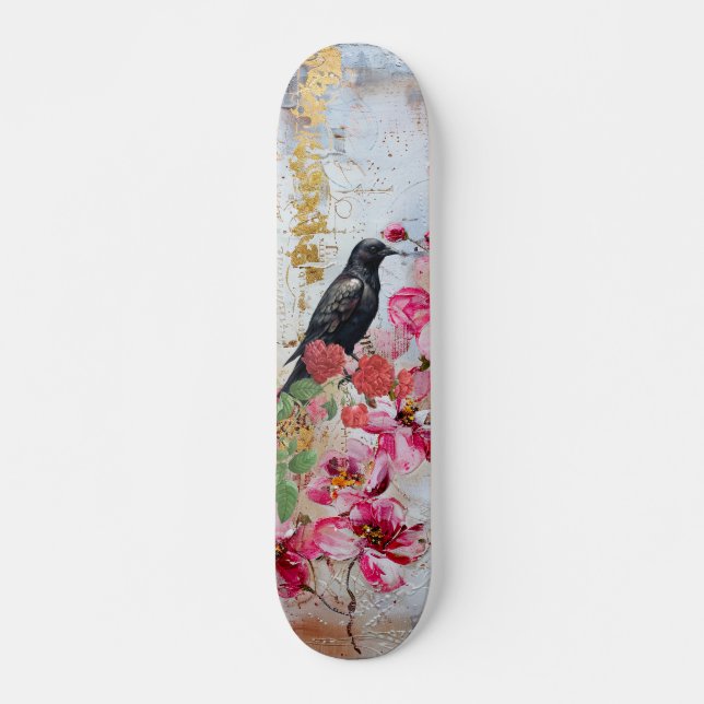 Distressed Pink Florals Raven & Roses Skateboard  (Framsida)