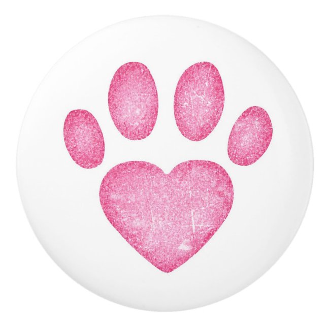 Distressed Pink Heart Pawprint Ceramic Knob Knopp (Framsidan)