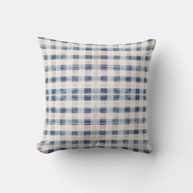 Distressed Plaid rosa och blågrå Kudde (Framsida)