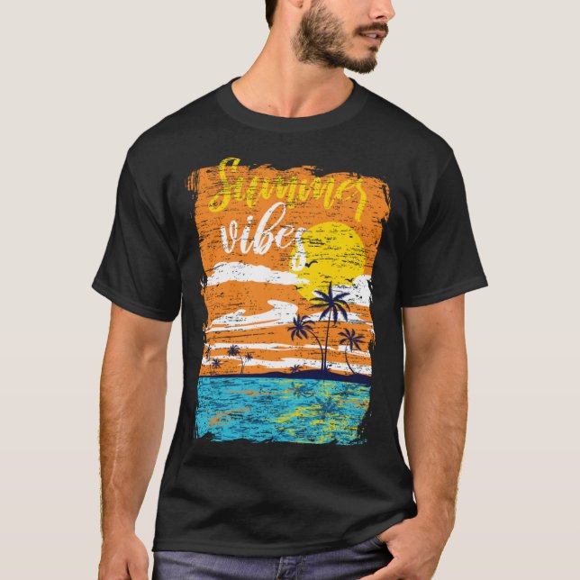 Distressed Summer Vibes Retro Sunset Beach Palm Tr T Shirt (Framsida)