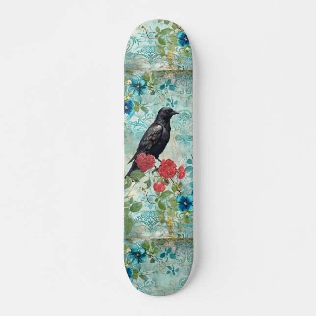 Distressed Teal Blommor Raven & Roses Skateboard (Framsida)