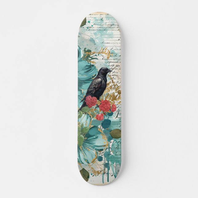 Distressed Teal Florals Raven & Roses Skateboard  (Framsida)