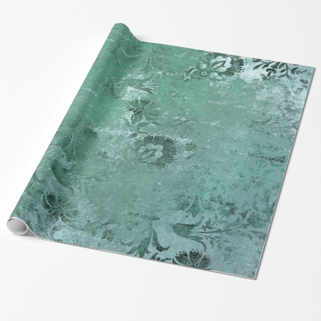 Distressed Vintage Blommig Damask Presentpapper (Utrullad)
