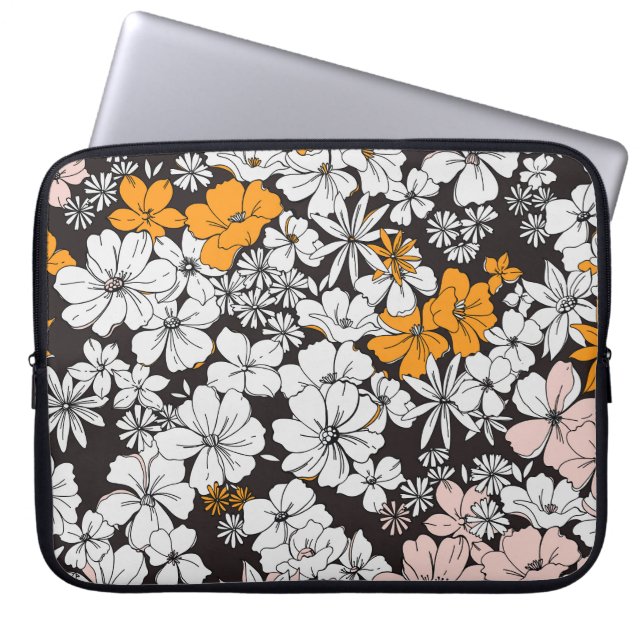 Ditsy-Blommigt: Färgfull Mörk Bakgrund. Laptop Fodral (Framsidan)