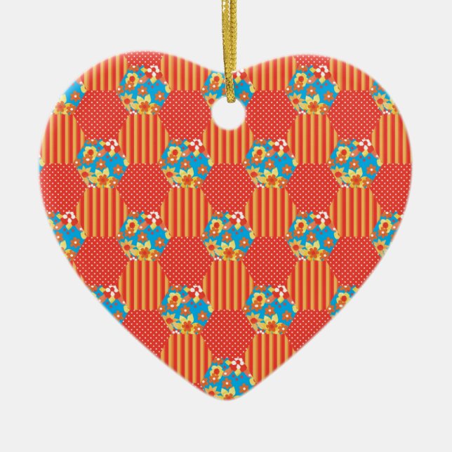 Ditsy Blommigt, Rand, Polka dots Patchwork Julgransprydnad Keramik (Framsidan)