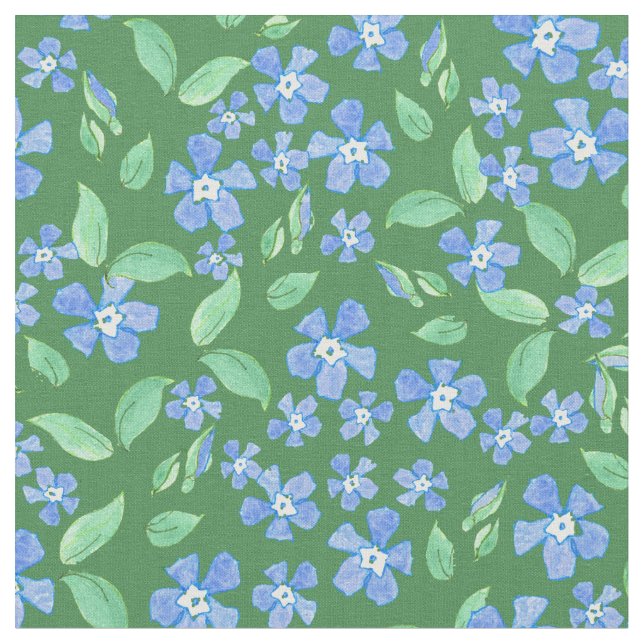 Ditsy ljusa blåttvintergröna på grön blommigt tyg (Närbild)