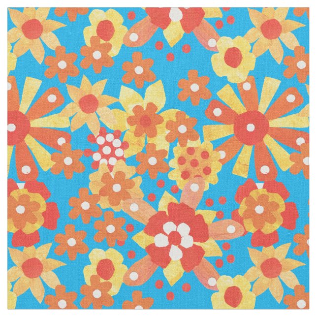 Ditsy Orange Blommönster på Turquise Fabric Tyg (Närbild)