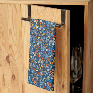 Ditsy Red Gult White Wildblommor Navy Tea Towel Kökshandduk