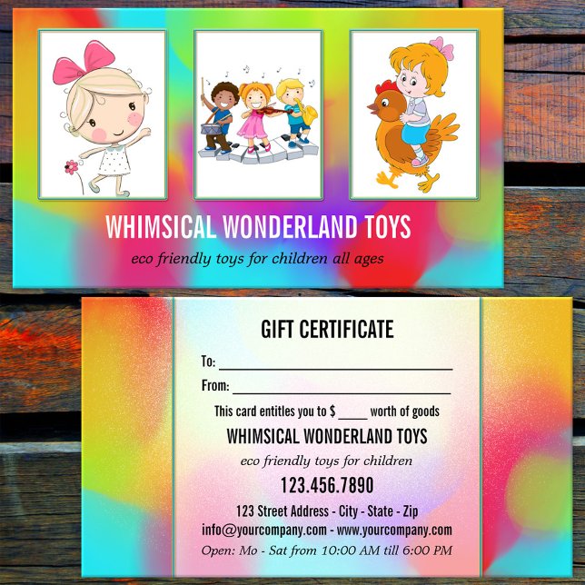 Ditt 3-Affärskort i Leksak Store-presentationen Visitkort (Eye catching portfolio gift certificate business card with watercolor art - child toys retail shop)