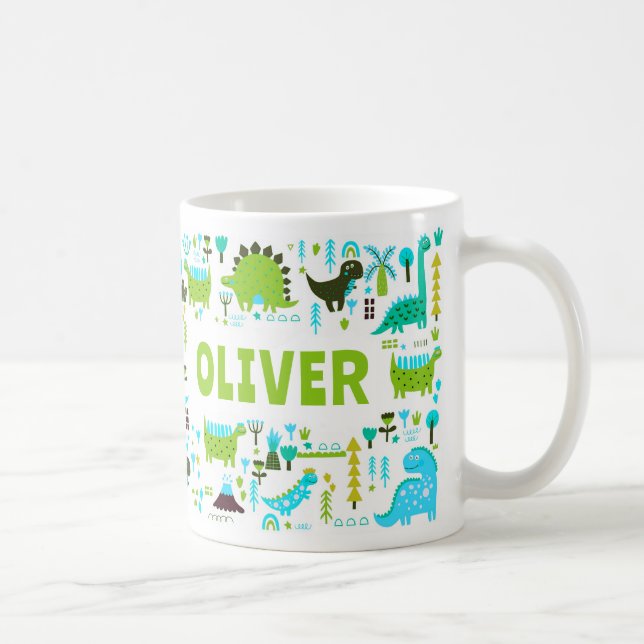 Ditt anpassade namn Kids Cute Grönt Blue Dinosaurs Kaffemugg (Höger)
