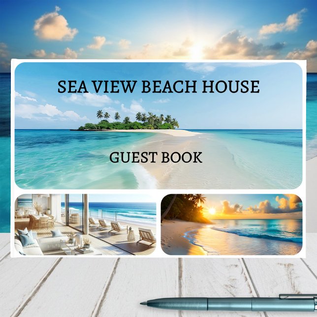 Ditt Anpassningsbar Photo Collage Beach House Gästböcker (Guest book with custom photos in a 3 photo grid on the front and 4 photos on the back - beach house)