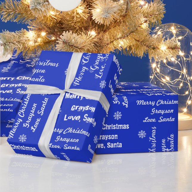 Ditt barns Namn på Blue Gift Wrap från Santa Presentpapper (Helgdagar)