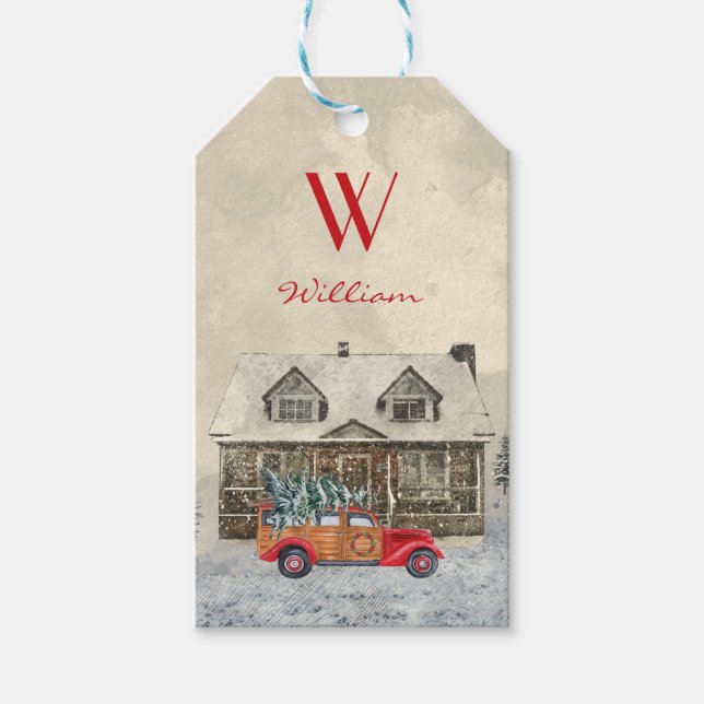 Ditt barns röda Namn-bil från tomten Presentetikett (Framsidan)