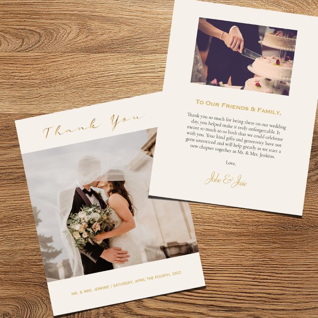 Ditt bröllop-foto, ett modernt tackkort tack kort (Wedding thank you card with a photo on the front and back and text in gold)