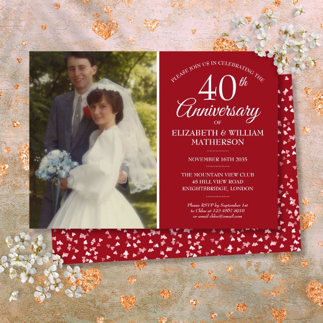 Ditt bröllopsfoto 40-årsjubileum Ruby Hearts Inbjudningar (Your Wedding Photo 40th Anniversary Ruby Hearts Invitation)