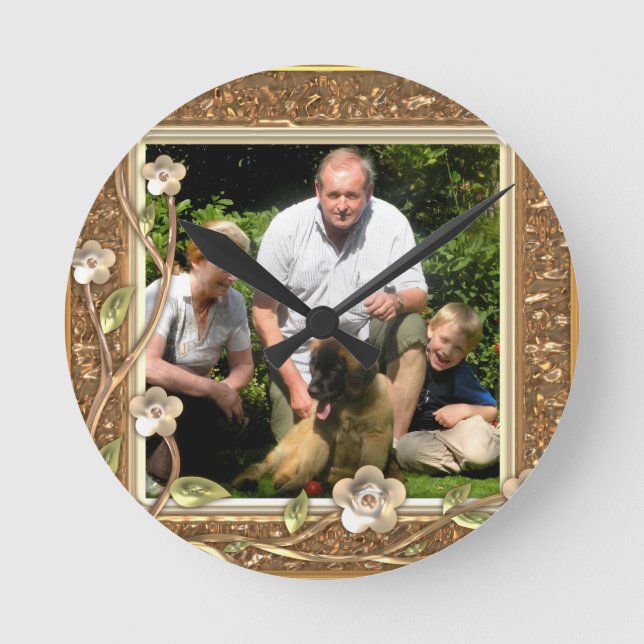 Ditt eget foto i Golden Flowers Ram! - Rund Klocka (Framsida)