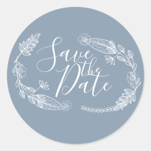 Ditt färgtema Dusty Blue Floral Spara datumet Runt Klistermärke