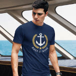 Ditt fartyg eller Namn Anchor Guld Stil Laurel-flo T Shirt<br><div class="desc">En Nautical Boat Anchor,  Guld Stil Laurel Löv och Star med din Personlig Namn eller Boat Namn på en marinblå T-Shirt.</div>