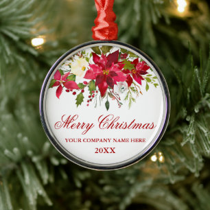 Ditt Företag Watercolor Röd Poinsettia Blommig Rd Julgransprydnad Metall