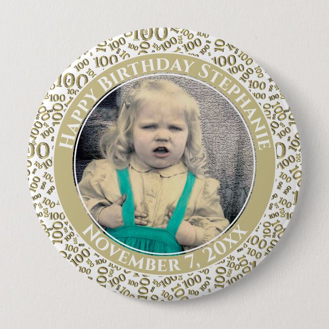 Ditt foto 100:e födelsedag Mönster | GULD Knapp (Framsida)