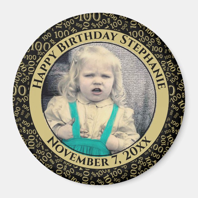 Ditt foto, 100:e födelsedag, svart Mönster/Guld Magnet (Framsidan)