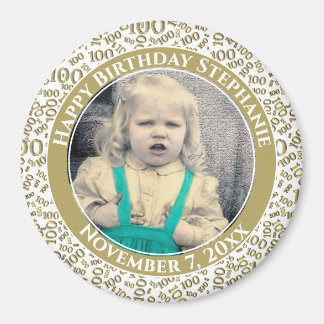 Ditt foto, 100:e födelsedagen Mönster Guld/vit Magnet
