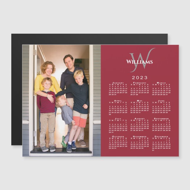 Ditt foto 2023-kalender Monogram Namn Red Magnet (Fram/baksida)