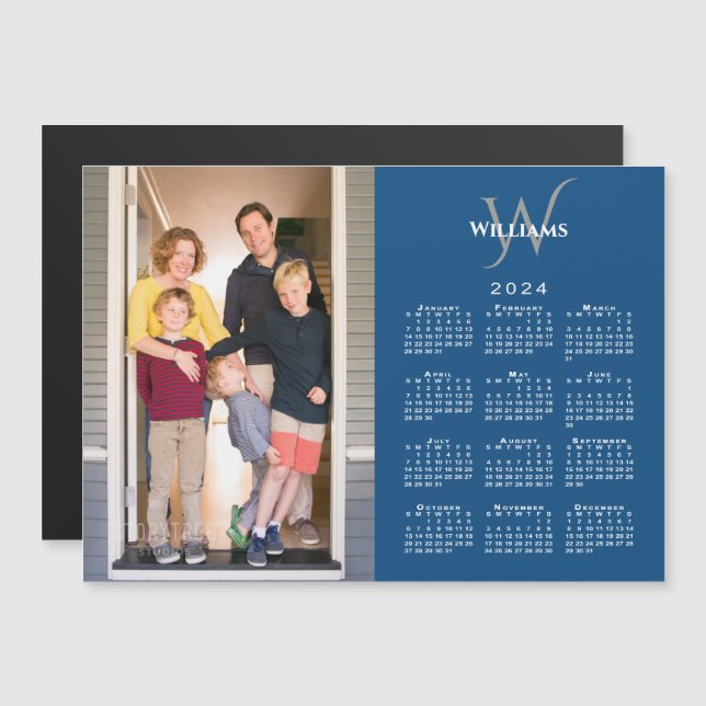 Ditt foto 2024-kalender Monogram Namn Blue Magnet (Fram/baksida)