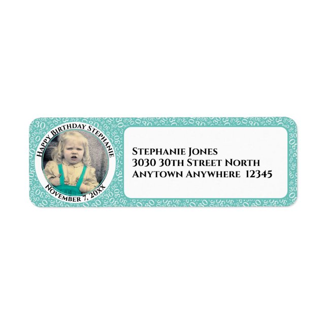 Ditt foto-30års födelsedag nummer Patten Teal/Whit Returadress Etikett (Framsidan)