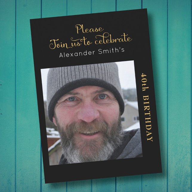 Ditt Foto 40-årsfirande Svart Och Guld Inbjudningar (Skapare uppladdad)