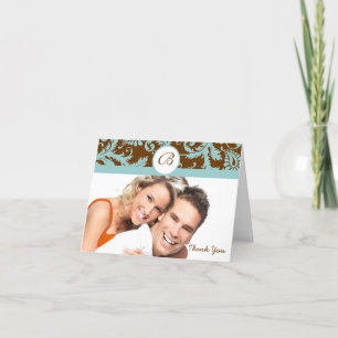 Ditt Foto Aqua & Brun Damask Bröllop Tack Kort