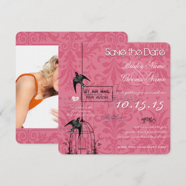 Ditt Foto Damask Fågelbur Bröllop Spara Datum Inbjudningar (Fram/baksida)