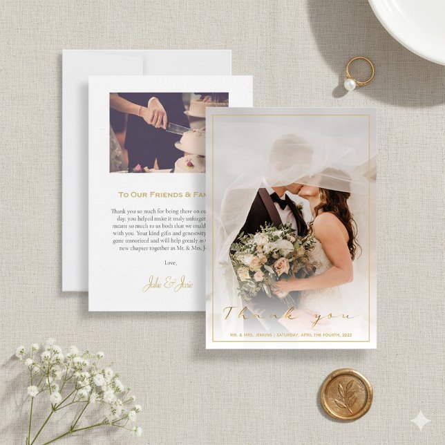 Ditt foto från bröllop, guld-skript och gräns tack kort (Your wedding photo, gold script and border thank you card.)
