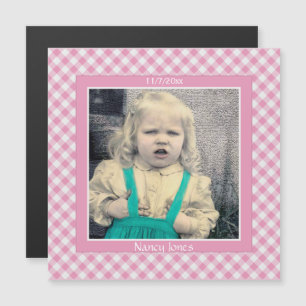 Ditt foto: Gingham Checkar Mönster Rosa/White Magnetisk Inbjudningskort