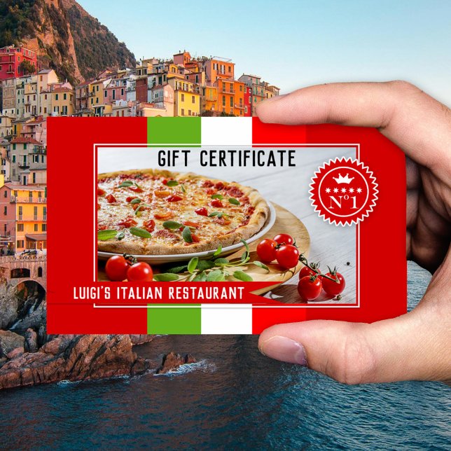 Ditt foto-italienska intyg om Restaurant-gåva Rabattkort (Gift certificate for an Italian restaurant featuring an image of pizza framed by the Italian flag)