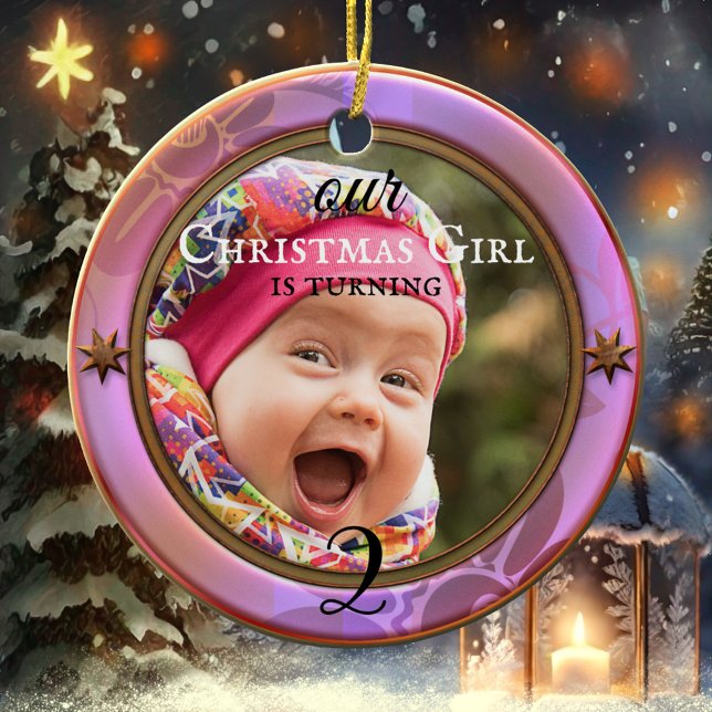 Ditt foto-Lila Girly-födelsedagsjul Julgransprydnad Keramik (Christmas child birthday girl festive holiday photo ornament)