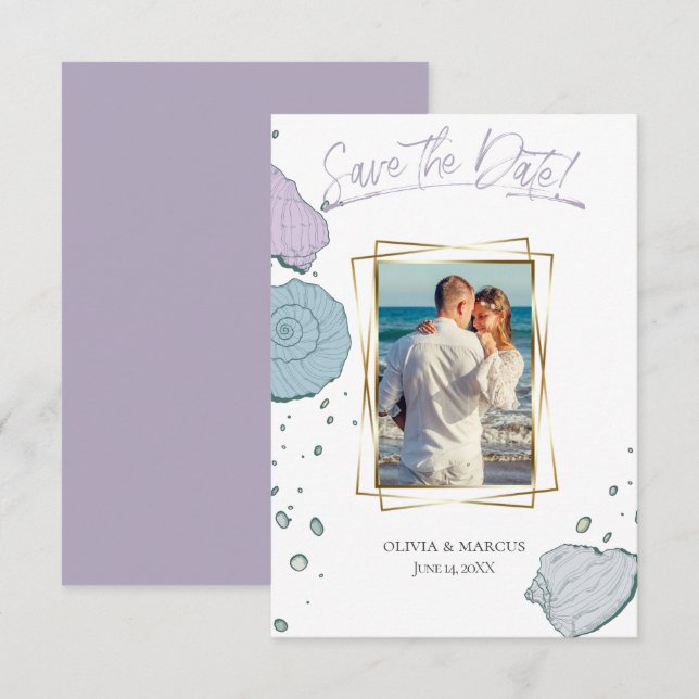 Ditt foto Modern Seashells Lilac Dusty Blue Inbjudningar (Fram/baksida)