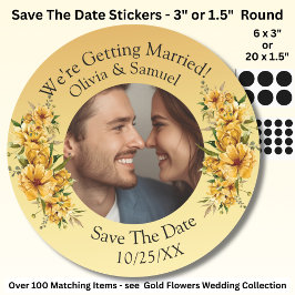 Ditt foto & namn, spara datum, guldgul  runt klistermärke