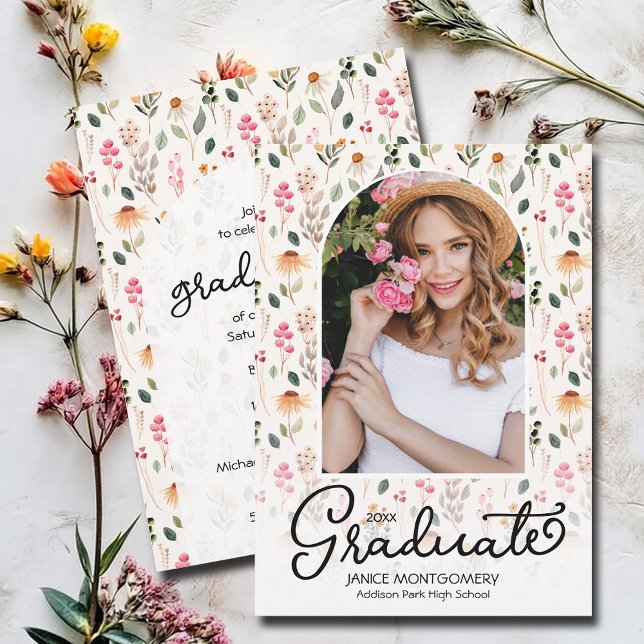 Ditt foto på Wildbloms Studentfest Inbjudningar (Modern arched photo on a wildflower background graduation invitations INSTANT DOWNLOAD & PRINTED)