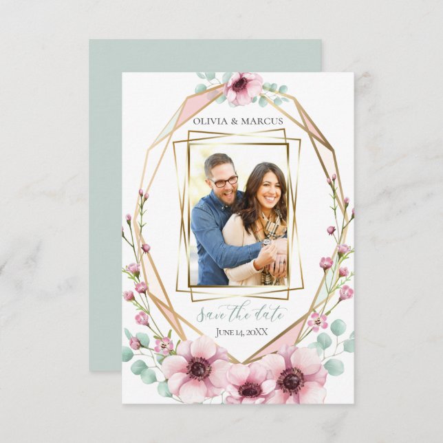 Ditt foto-Rosa Anemone Flowers Eucalyptus Inbjudningar (Fram/baksida)