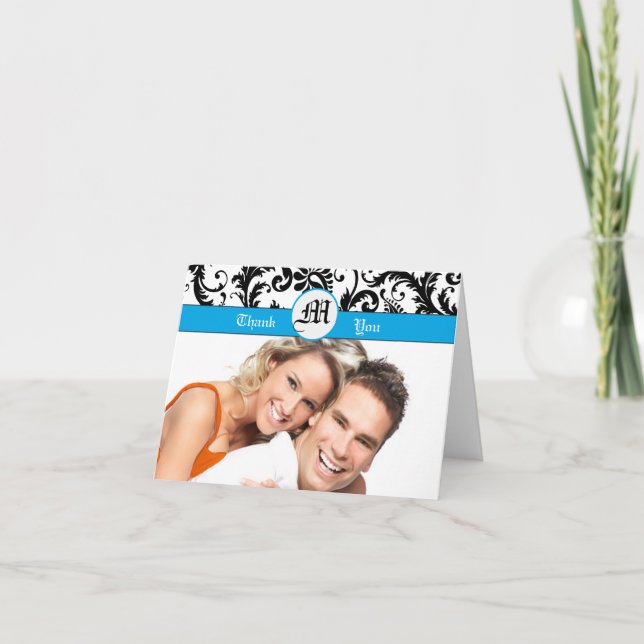 Ditt Foto Svart Damask Aqua Kanter Tack Kort (Framsida)
