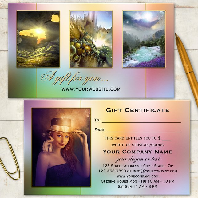 Ditt fotofärgade Fantasy Fairy Tale Gift-kort Rabattkort (Colorful fairy tale like fantasy design business card template featuring your own 4 photos)